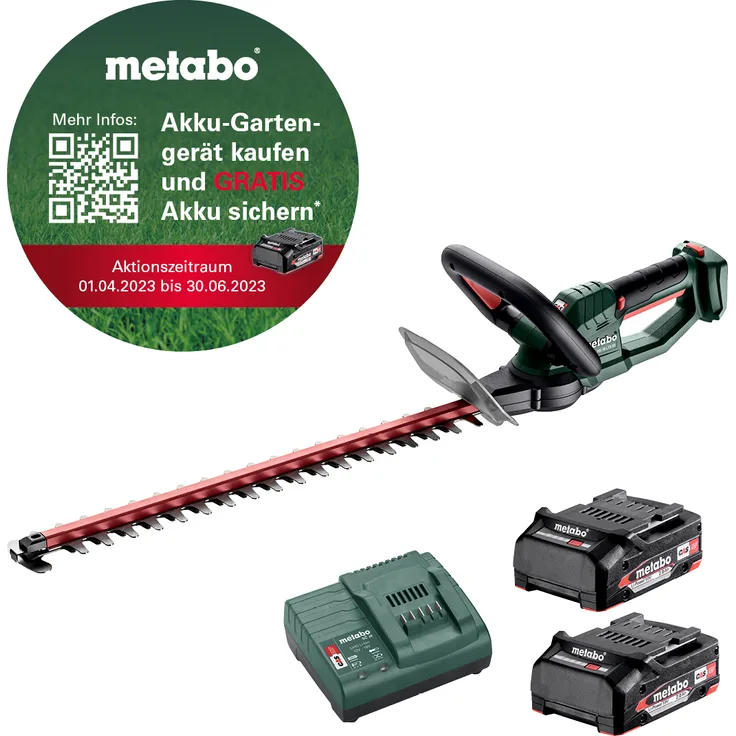 Metabo Akku Heckenschere HS 18 LTX 55 (18 Volt, Li-Ion, Messerlänge: 55 cm, Max. Schnittstärke 19 mm) inkl. 2x 2,0 Ah Li-Ion Akku und Ladegerät SC30