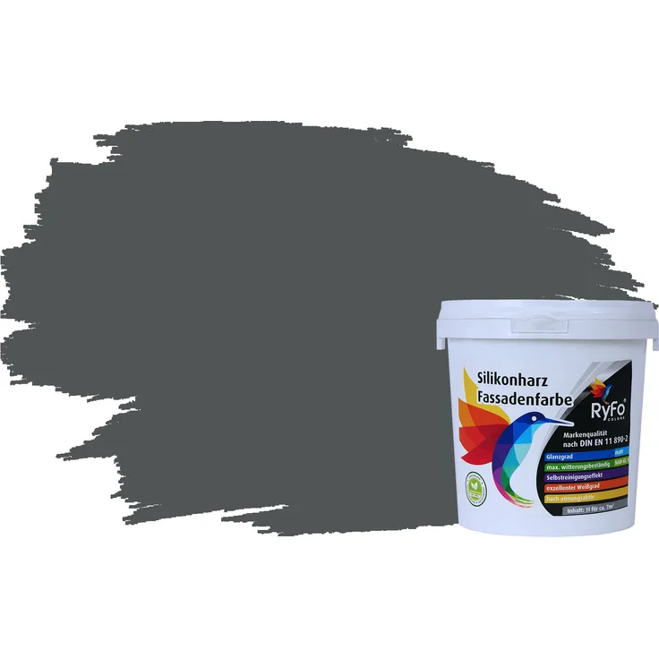 RyFo Colors Silikonharz Fassadenfarbe Lotuseffekt Trend Verkehrsgrau 1l - bunte Fassadenfarbe, weitere Grau Farbtöne und Größen erhältlich, Deckkraft Klasse 1