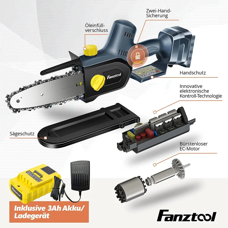 FANZTOOL 20V Akku Handsäge, Kettensäge mini 1,8 kg, EC-Motor, 3Ah Akku mit Ladekabel, 8 Zoll Sägekette, Autoschmierung – Bild 5