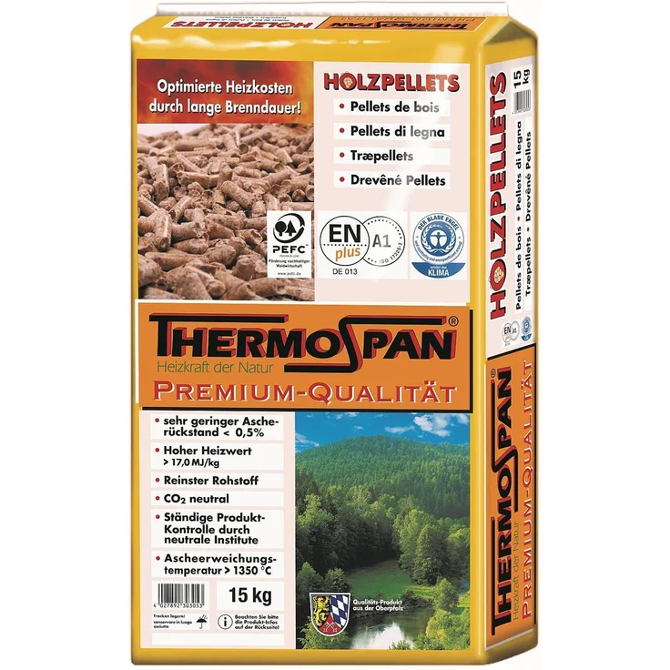 THERMOSPAN Premium Holzpellets 15 Kilogramm 17 MJ/kg Heizwert <0,5% Aschegehalt 8% Restfeuchte – Bild 1