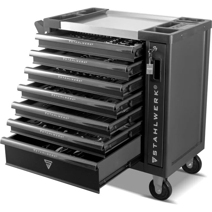STAHLWERK Werkstattwagen Phoenix 260 mit 7 Schubladen und Seitenfach bestückt mit einem 260-teiligem Premium-Werkzeug-Sortiment aus hochwertigem Chrom-Vanadium – Bild 4