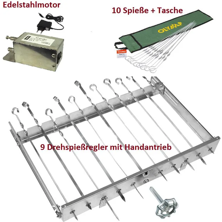 Mangal Drehspießaufsatz für Schaschlik Sesam 9 Edelstahlmotor mit 10 Spieße