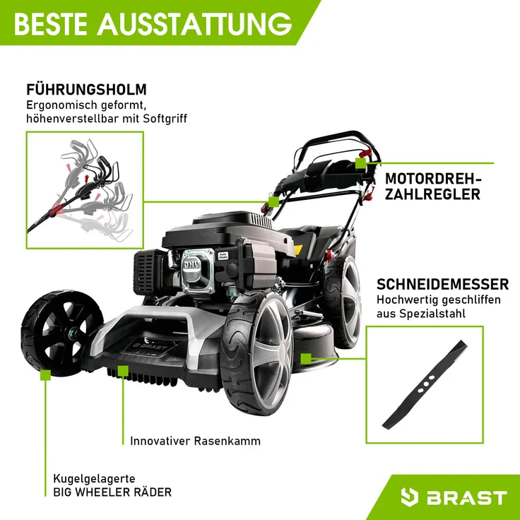 BRAST Rasenmäher Benzin 5,2kW(7PS) mit Antrieb + Elektrostart 53cm Schnittbreite 224ccm TÜV geprüft Stahlgehäuse 60L Fangkorb - Preisvergleich – Bild 9