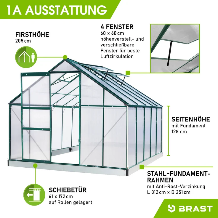 BRAST Gewächshaus Aluminium 310x250x205cm Grün mit Fundament rostfrei TÜV geprüft Alu Treibhaus Glashaus Tomatenhaus – Bild 6