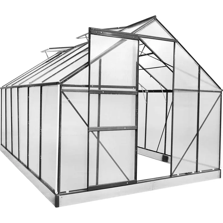 BRAST Gewächshaus Aluminium 380x250x205cm Grau mit Fundament rostfrei TÜV geprüft Alu Treibhaus Glashaus Tomatenhaus