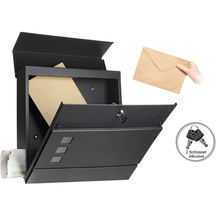 Briefkasten Edelstahl Wandbriefkasten Zeitungsfach Zeitungsrolle Namenschild Design Mailbox Kasten Postkasten Wandmontage - Schwarz – Bild 3