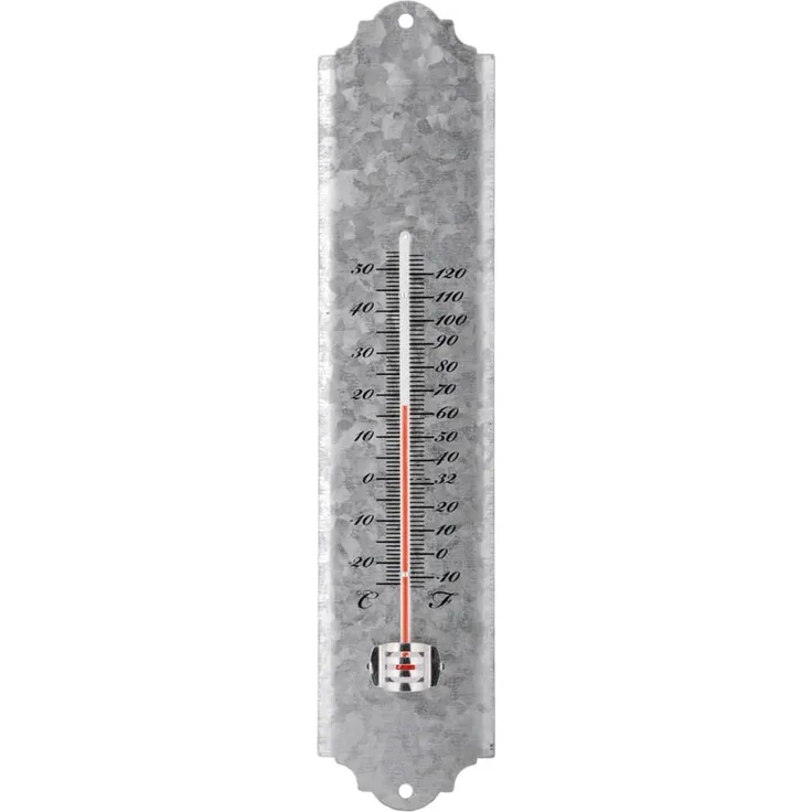 Esschert Design Thermometer, Temperaturmesser in grau aus verzinktem Metall, Größe S, Anzeige in Fahrenheit und Celsius, ca. 6,7 cm x 30 cm