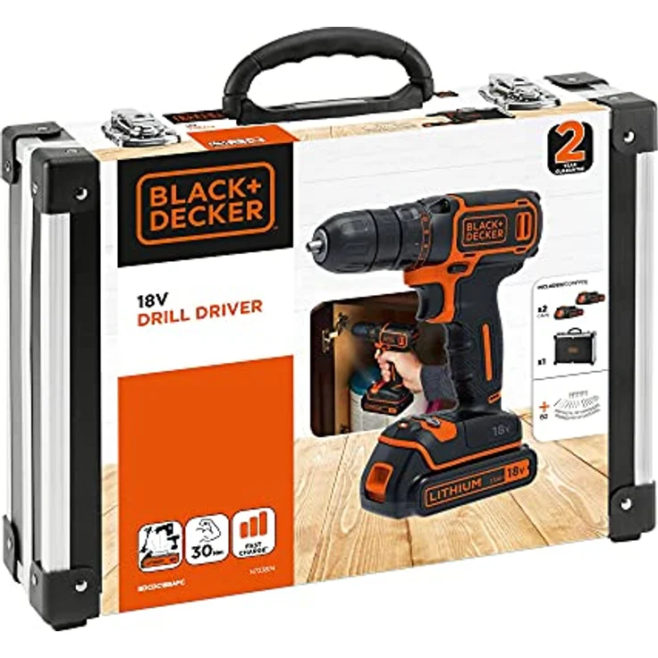 Black+Decker BDCDC18BAFC-QW Bohrschrauber (18V, 2X Li-Ion Schiebe-Akku, Planetengetriebe, LED-Arbeitsleuchte, 1A Ladegerät, 80-TLG. Zubehör im hochwertigen Koffer), 18 V – Bild 5