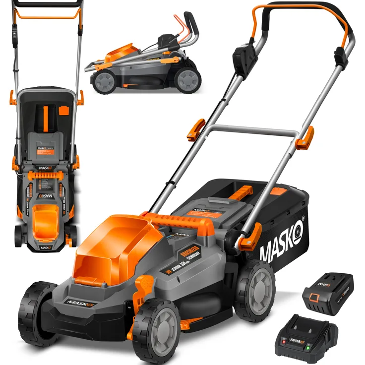 MASKO Akku Rasenmäher ECO-X10 inkl. 2X Akkus Li-Ion Batterie 4 Ah & Doppel-Ladegerät – Rasentrimmer Schnittbreite, 25-75mm Schnitthöhenverstellung Schwarz - Orange, Schnittbreite 33cm