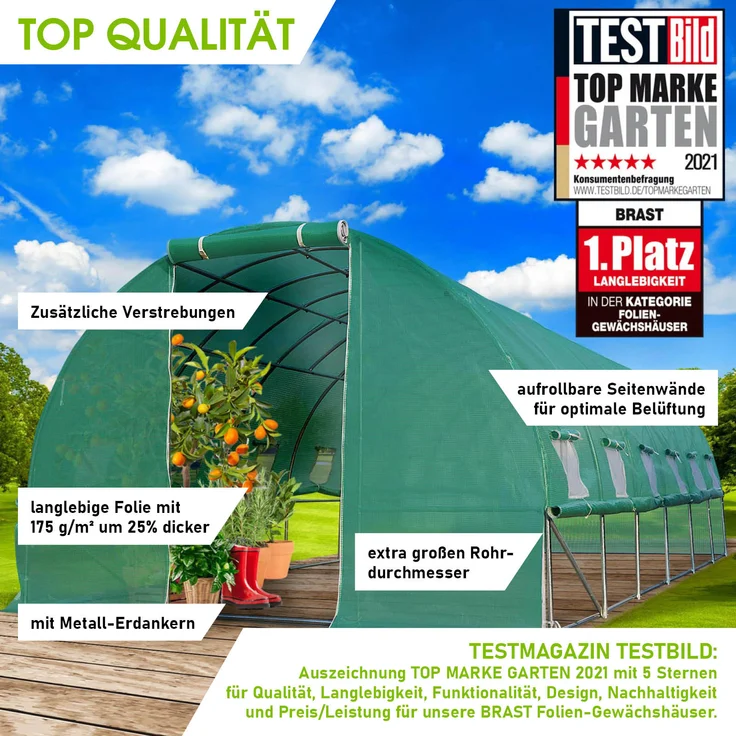 BRAST Gewächshaus Foliengewächshaus 300x600cm inkl. 4 Erdanker mit Stahlfundament aufrollbare Seitenwände schwere Qualität Folie 175g/m² – Bild 6