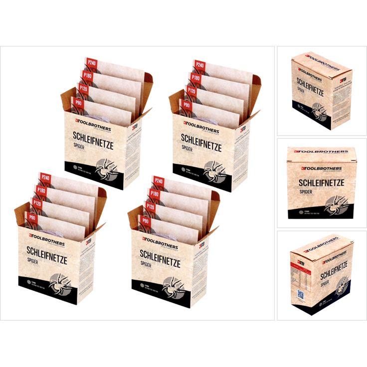 Toolbrothers SPIDER Schleifset Netzschleifmittel 4 Packungen 160x Schleifnetze 125mm Klett je 40x P80 / P120 / P180 / 240 für Hartholz, Weichholz, Lack, Stein, Stahl, Aluminium, Furnier