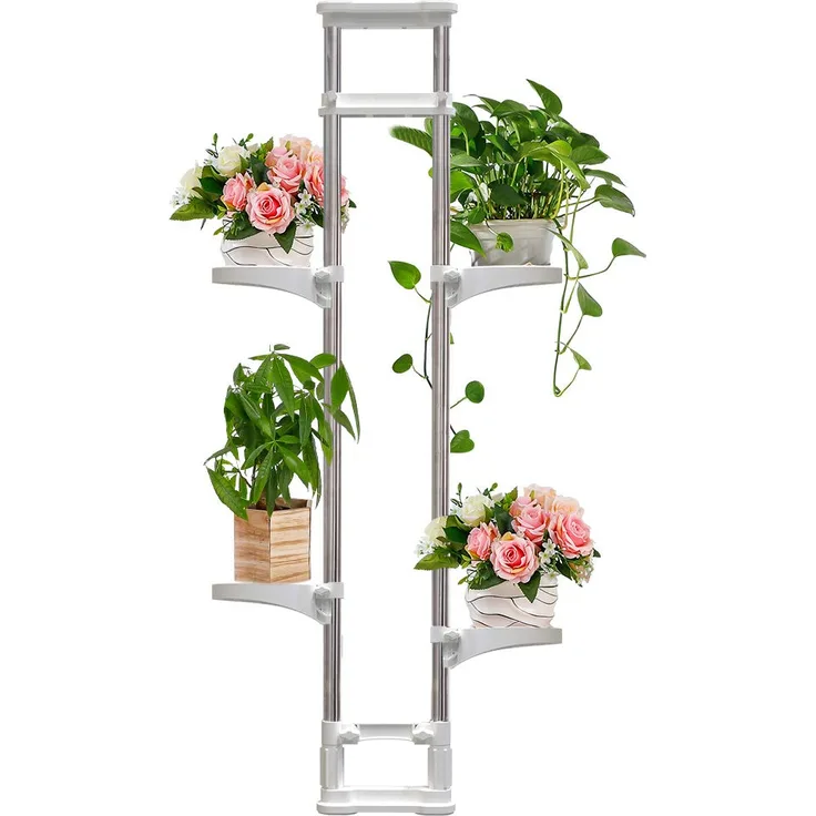 BAOYOUNI Innen Teleskop Blumenregal 4 Ebenen Blumenständer aus Metall Doppelstange Spannregal Fensterbank Pflanzenständer Blumentreppe pflanzenregal Regal Höhenverstellbar 92 bis 160cm, Elfenbein
