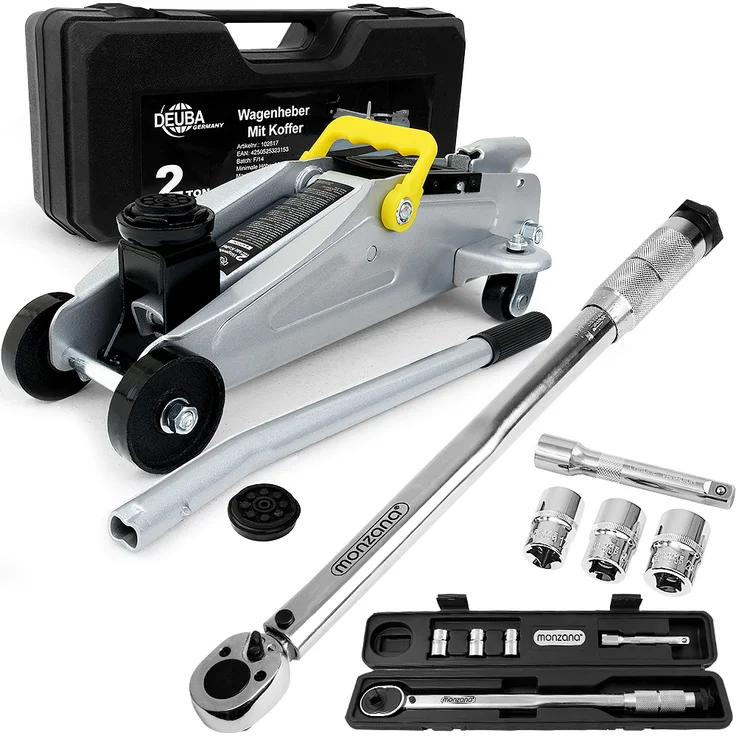 Deuba Reifenwechselset Hydraulischer Wagenheber 2t inkl. Gummiauflage + Drehmomentschlüssel 6tlg. 1/2 28-210Nm + Koffer Vorteilsset – Bild 1