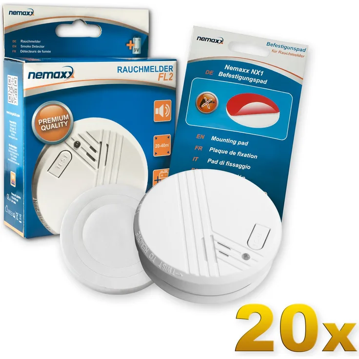 20x Nemaxx FL2 Rauchmelder - hochwertiger Rauchwarnmelder nach EN 14604 mit sensibler fotoelektrischer Technologie 20x Nemaxx NX1 Quickfix Befestigungspad