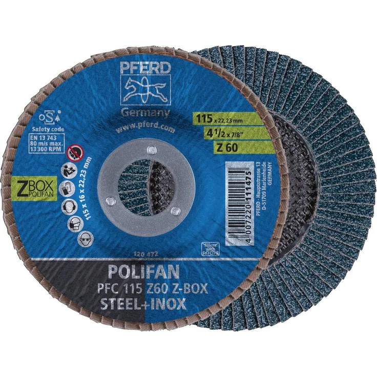 PFERD POLIFAN-Z-BOX 10 x Fächerscheibe 115mm, Z60, 22,23 mm Bohrung, 69300937 für hohe Zerspanungsleistung und solide Standzeit auf Stahl und Edelstahl INOX, 115 mm