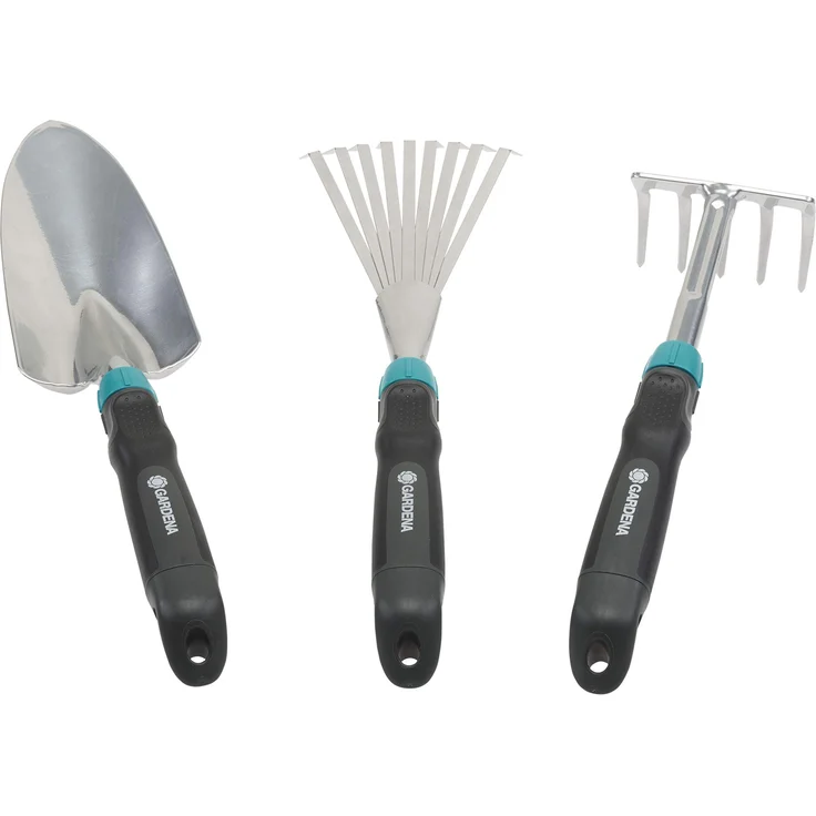 GARDENA Comfort Kleingeräte-Set: ideales Set für Blumenbeet und Balkon bestehend aus Blumenkelle, Kleinbesen und Blumenrechen (8964-60) – Bild 1