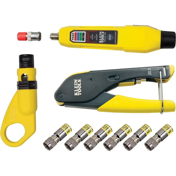 KLEIN TOOLS Koax-Installations- und Kabeltest-Set mit Crimpzange, Abisolierer, Tester und F-Steckern VDV002-818