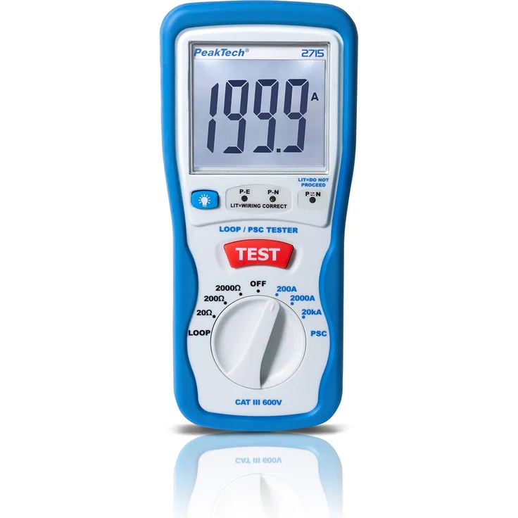 PeakTech P 2715 - Digitaler PSC Schleifentester mit LCD Anzeige, Loop Tester, Prüfgerät für Impedanz Messungen, Kurzschluss Strommessgerät, Stromkreis Sicherung, Isoliertes Gehäuse - CAT III 600 V