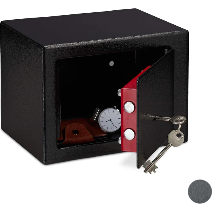 Relaxdays Möbeltresor mit Schlüssel, Doppelbartschloss, Befestigung Wand o. Boden, Minisafe, HBT: 17 x 23 x 17, schwarz – Bild 1
