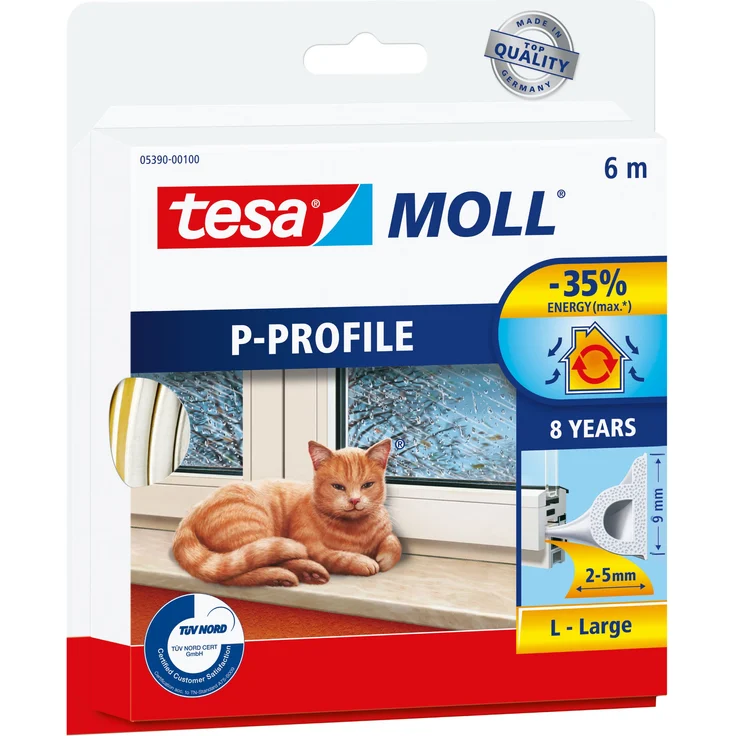 tesa 05390 – 00110 – 00 Gummidichtung für Fenster und Türen, P-Profil, White, Farbe weiß – Bild 1
