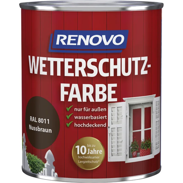 Renovo - Wetterschutzfarbe für außen, 0,75 l, Nussbraun, seidenglänzend - braun
