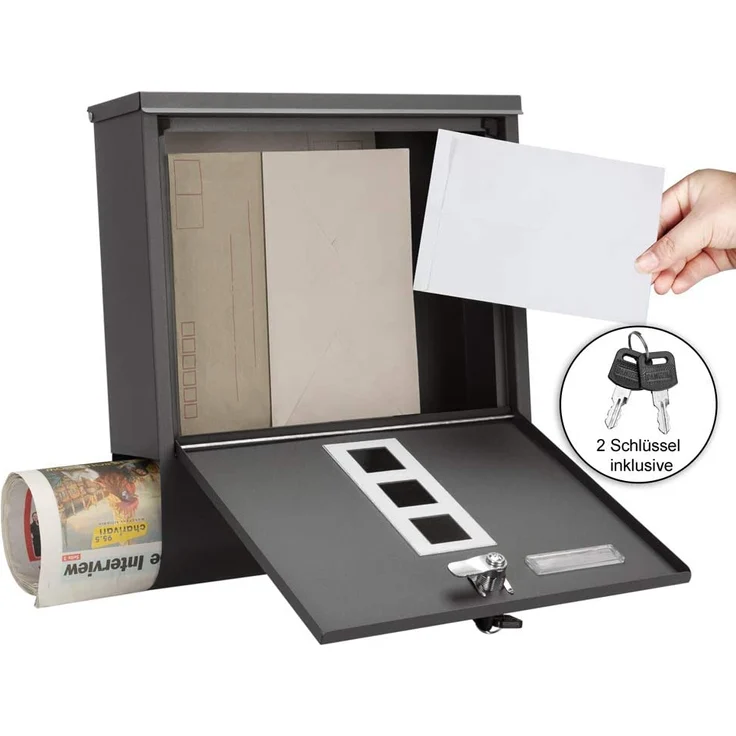 Monzana Design Briefkasten Stahl mit Zeitungsfach Sichtfenster 2 Schlüssel Namensschild Wandbriefkasten anthrazit – Bild 3