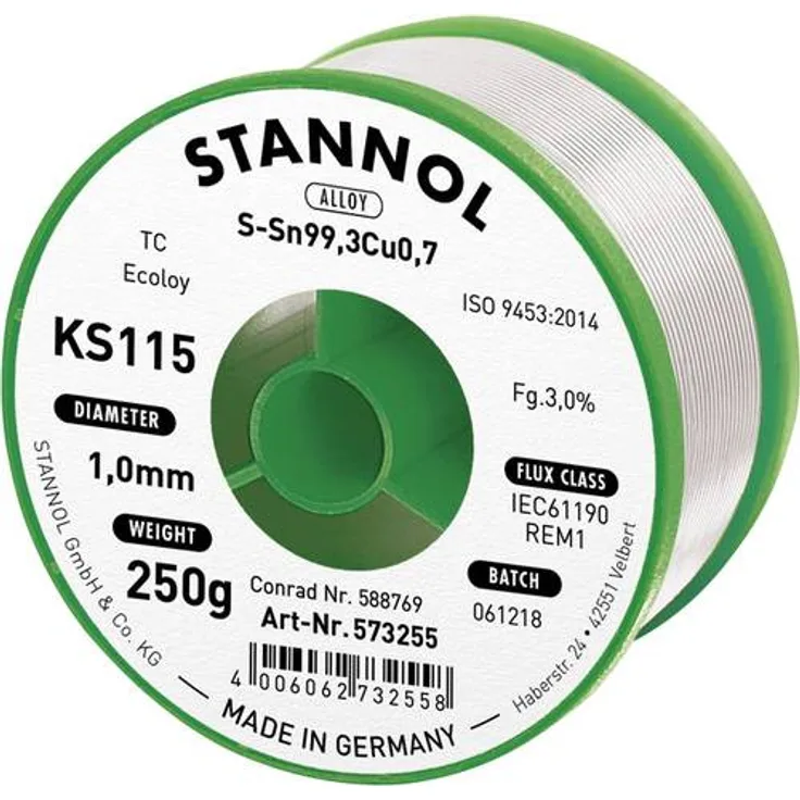 Stannol KS115 Lötzinn, bleifrei Spule Sn99.3Cu0.7 250g 1.0mm