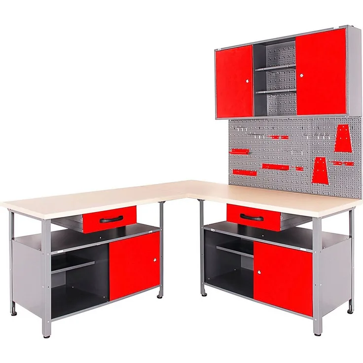 ONDIS24 Werkstatt-Set 4-tlg., mit 2 Werkbänken, Werkzeugschrank & Lochwand