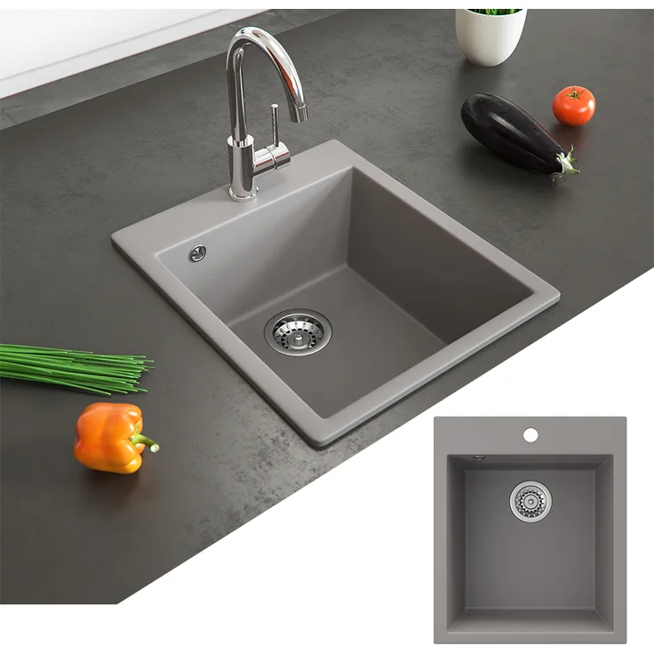 Bergström Granit Spüle Küchenspüle Einbauspüle Spülbecken Küche + Siphon Grau