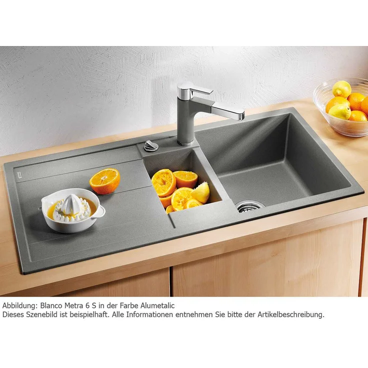 BLANCO METRA 6 S Rechteckige Granitspüle für die Küche für 60 cm breite Unterschränke Mit Restebecken und Edelstahlschale aus Silgranit Grau 513053 – Bild 4
