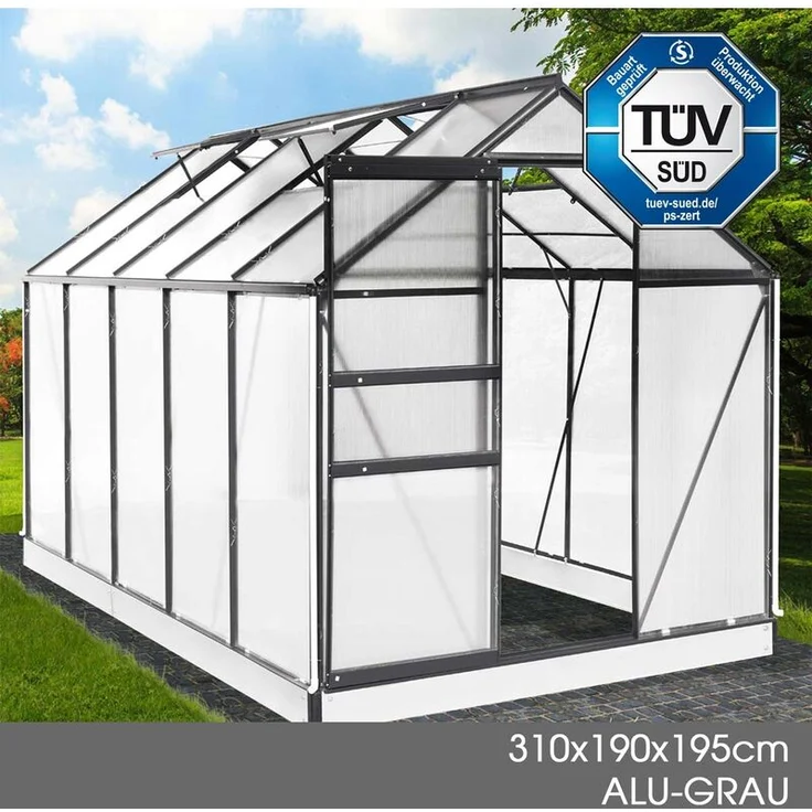 BRAST Gewächshaus Aluminium 310x190x195cm Grau mit Fundament rostfrei TÜV geprüft Alu Treibhaus Glashaus Tomatenhaus – Bild 2