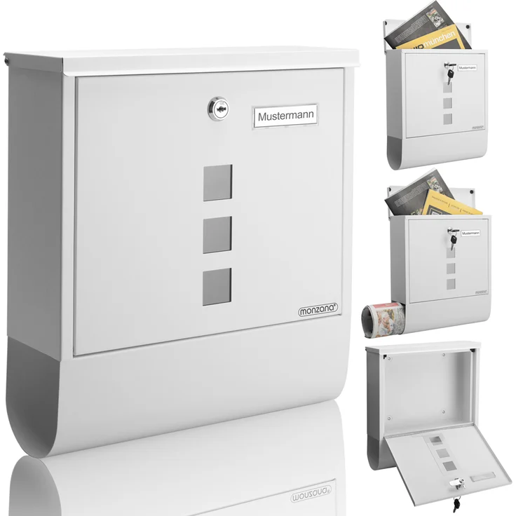 Monzana Design Briefkasten Stahl mit Zeitungsfach Sichtfenster 2 Schlüssel Namensschild Wandbriefkasten weiß – Bild 1