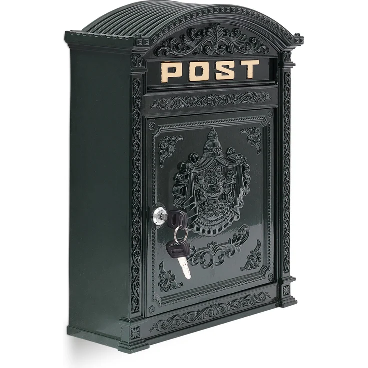 Relaxdays Briefkasten Antik Englischer Wandbriefkasten aus Aluguss mit breitem Briefschlitz für DIN A4 Umschläge HBT: 44,5 x 31 x 9,5 cm nostalgischer Postkasten mit rundem Dach, grün – Bild 1