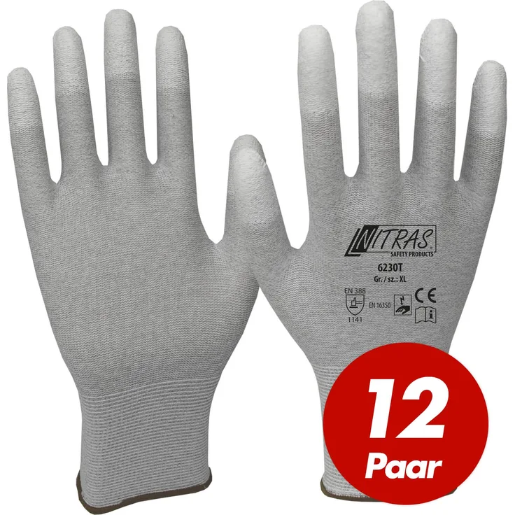 NITRAS ESD-Handschuhe 6230T, antistatisch, touchscreenfähig, teilbeschichtet auf Fingerkuppen - 12 Paar