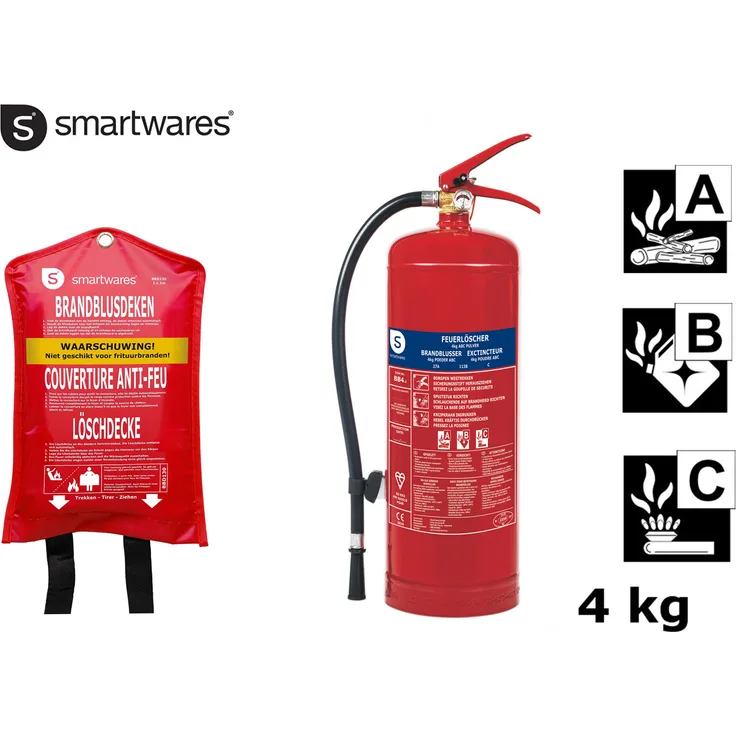 smartwares Set: Feuerlöscher, Pulverlöscher 4kg, Brandklasse ABC und Löschdecke, Brandschutz