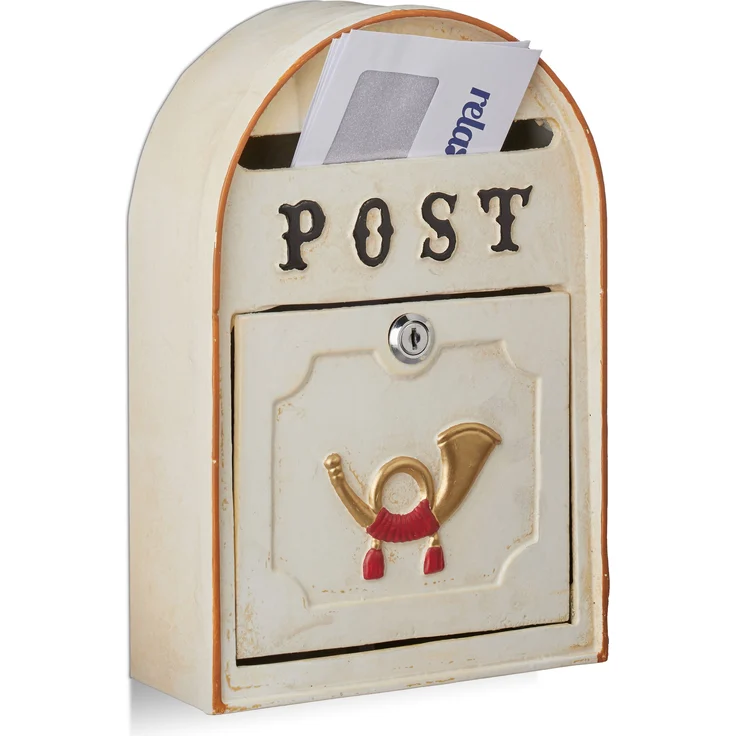Relaxdays Briefkasten antik, Western Vintage Style, Shabby-Chic, Posthorn-Relief, Metall, HxBxT: 30 x 20 x 8 cm, beige