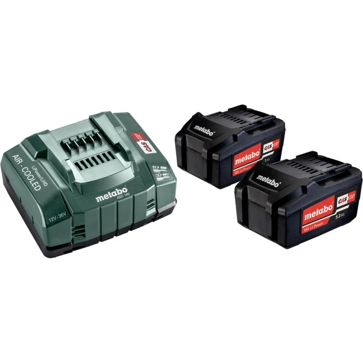Metabo 2 x Werkzeugakku 18 V / 5,2 Ah + Ladegerät ASC 145 (685051000), Starter-Set