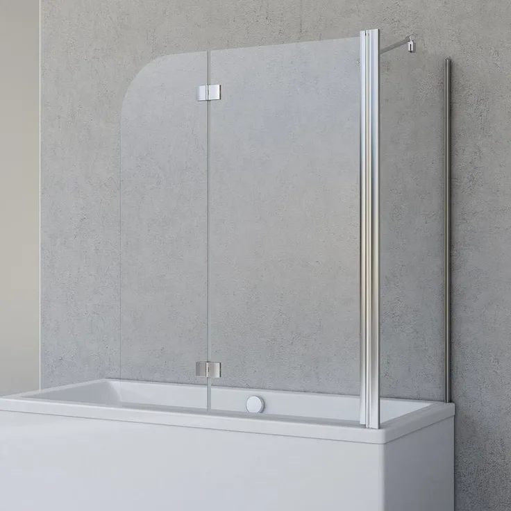 Duschabtrennung für Badewanne Angle, 2-teilig mit Seitenwand, Profilfarbe Chromoptik, 5 mm Sicherheitglas (ESG) Klar hell, Faltwand: 112 x 142 cm,