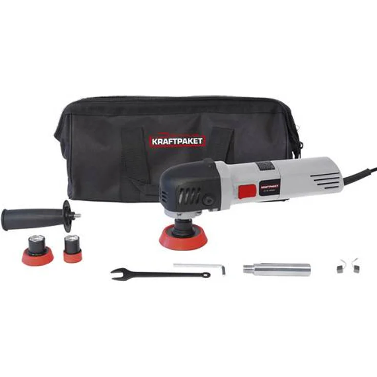 Dino KRAFTPAKET 640244 710W Rotations Poliermaschine stufenlos im Set mit 3 Stütztellern (30,50,74mm) Verlängerungsadapter Tasche für Auto KFZ Boot Heimwerker, Grau – Bild 1