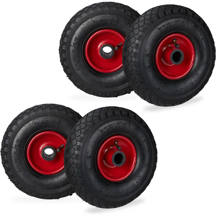 Relaxdays - 4 x Sackkarrenrad im Set, 3.00-4, luftbereiftes Komplettrad mit Stahlfelge, 25mm Achsdurchmesser, Ersatzrad, schwarz-rot