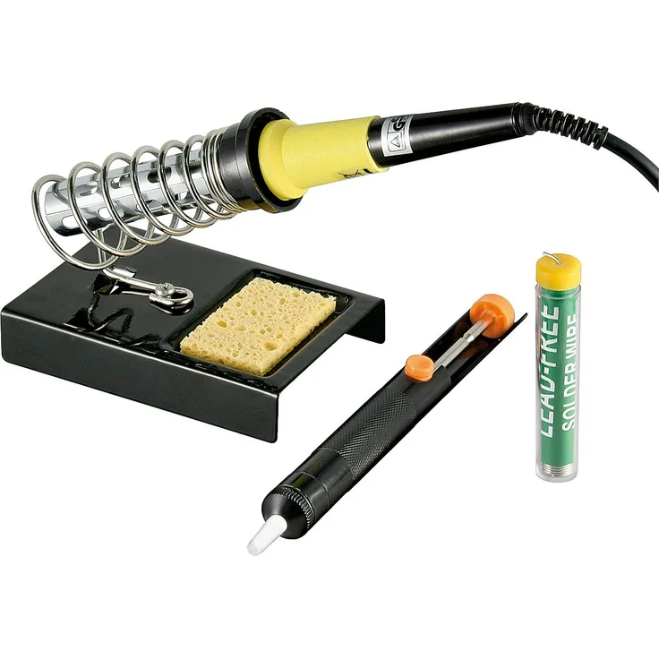Fixpoint 51213 Bleifreies Lötset 30W Lötkolben, Lötkolbenständer, Entlötpumpe und Lötzinn, 4-teilig