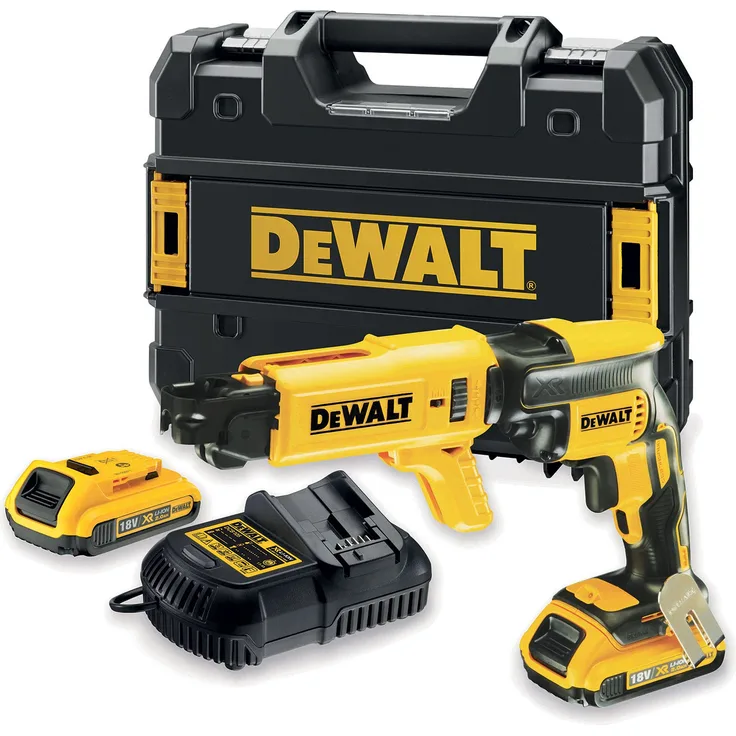 DeWalt Schnellbauschrauber mit Magazinvorsatz (2,0 Ah XR Akku, 18 Volt, bürstenlos, leicht und kompakt, mit LED, Zubehör, Magazinvorsatz, T STAK Box II und 2x XR Li-Ion Akkus) DCF620D2K