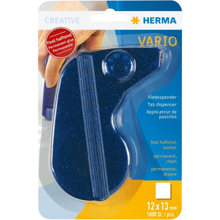 Herma 1023 Klebespender Vario permanent fest haftend Klebestücke im Format 13 x 12 x 0,5 mm, nachfüllbar blau, 1 Stück Bastelkleber lösemittelfrei