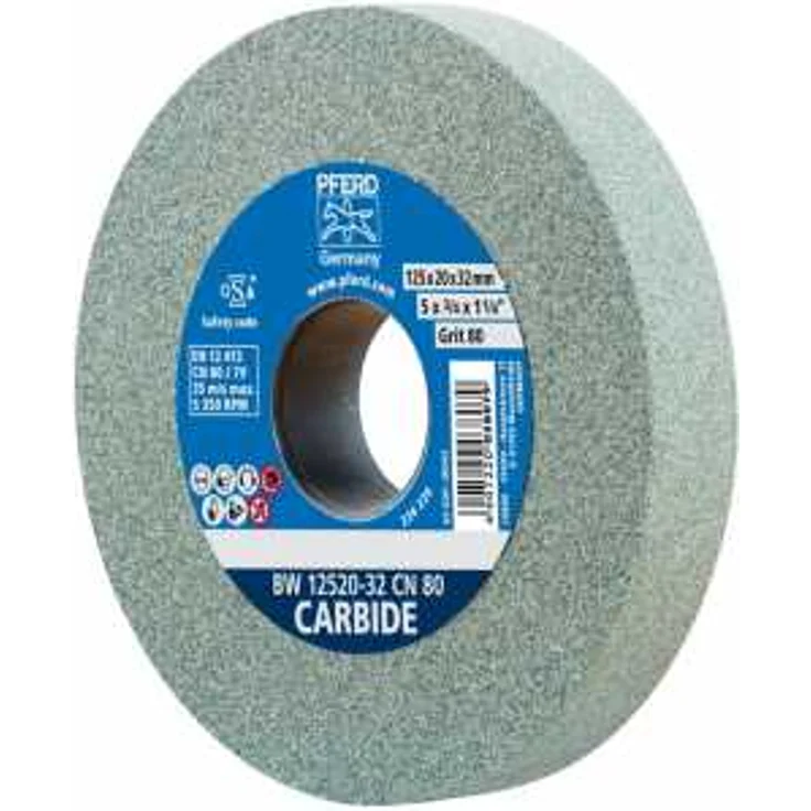 PFERD Schleifbockscheibe, 125x20x32mm, Ausführung CARBIDE, Korngröße 80, Siliciumcarbid, 39009723 – Schleifscheibe für das Bearbeiten harter Materialien mit integrierten Reduzierhülsen (25-20-16mm) – Bild 1