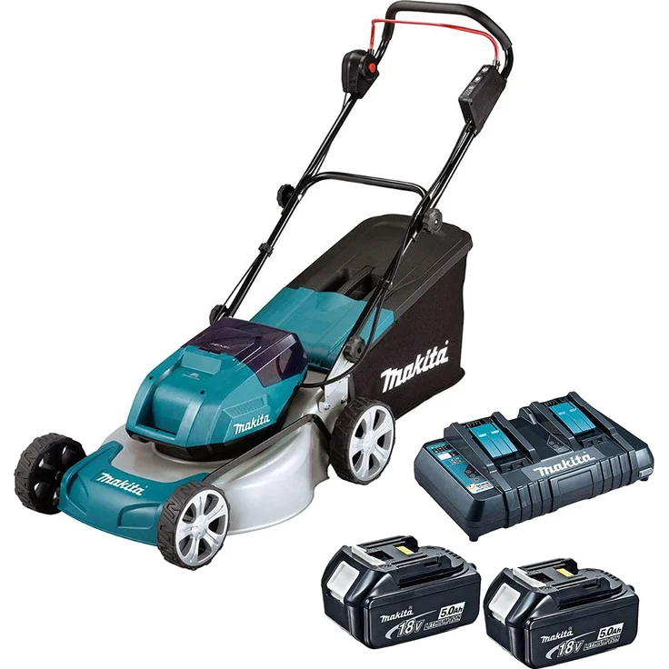 Makita DLM460PT2 Akku-Rasenmäher 2x18 V - 5,0 Ah, 2 Akkus + Doppelladegerät, 18 V, Schwarz, Blau, Grau, 46 cm Schnittbreite – Bild 1