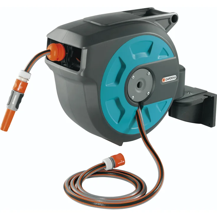 GARDENA Wand-Schlauchbox 15 roll-up automatic: Schwenkbare Schlauchtrommel, inkl. Wandhalterung mit Systemteilen und Spritze, inkl. 15 m GARDENA Qualitätsschlauch, mit kurzen Arretierstops (8022-20)