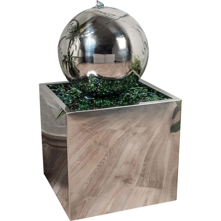 Köhko Springbrunnen Ø 28 cm mit LED-Beleuchtung in eckigen Edelstahlbecken hochglanzpoliert 21015 Gartenbrunnen aus Edelstahl
