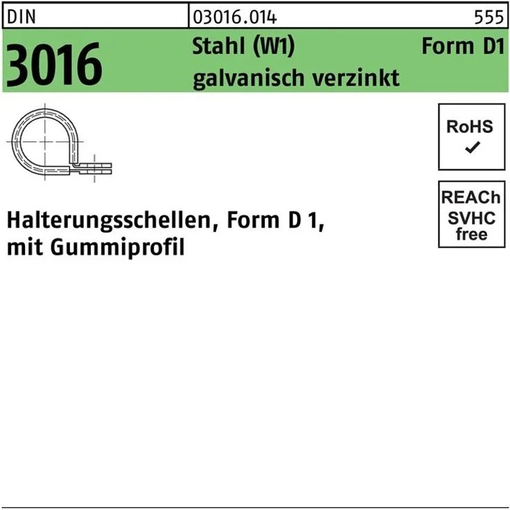 Reyher Schelle DIN 3016 m.Gummiprofil 19 x 15 - W1 Stahl galvanisch verzinkt Halterungsschellen, Form D 1, mit Gummip