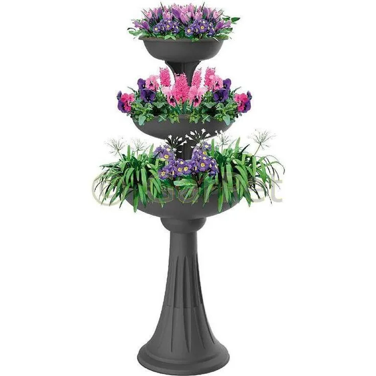 Blumenständer mit 3 Pflanzschalen Blumen Pflanz Säule Treppe Schale Kräuter Topf grau