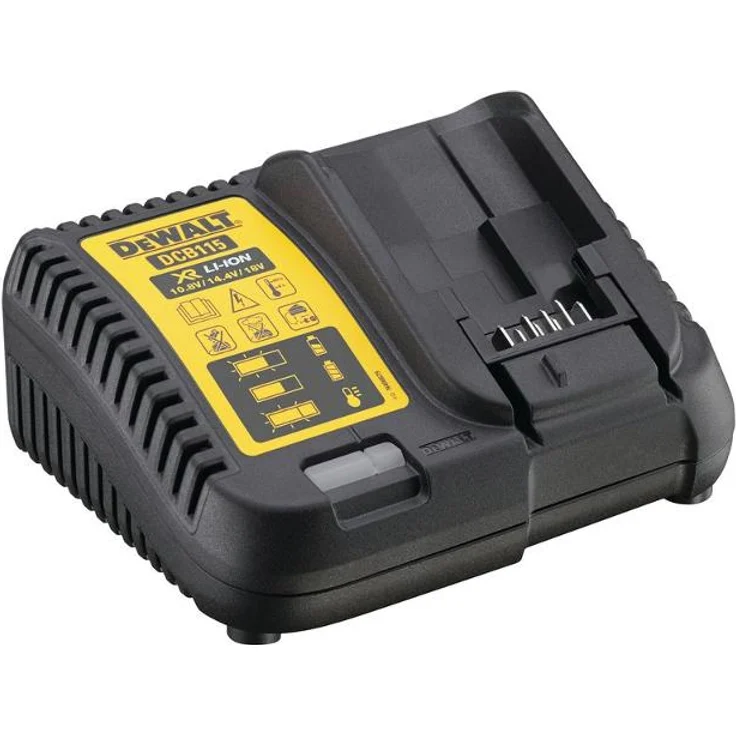 DeWalt Akku-Schnellladegerät- Akkuladegerät (10,8- 18 Volt, lädt alle XR-Schiebe Akkus, schonendes Schnellladen, Wandmontage möglich, platzsparend) DCB115 – Bild 1